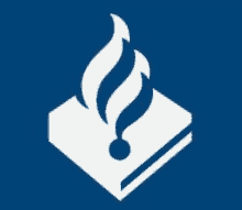 a white icon of a book with a flame on a blue background .