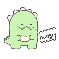 a cartoon drawing of a dinosaur with the words hungry written below it