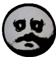 a black and white circle with a sad face on it .