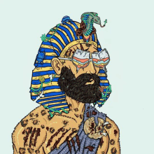 a cartoon drawing of a man with a beard wearing a pharaoh 's hat and sunglasses .