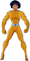 a cartoon character in a yellow suit with a heart on the belt