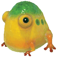 a yellow and green frog with big eyes and red feet