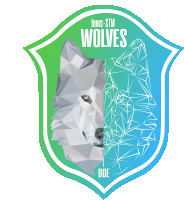 a logo for ionis-stm wolves shows a wolf on a green and blue background