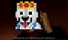 a man is talking on a cell phone with a pixelated image of a dog with a crown on his head behind him