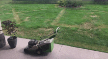 a green lawn mower is sitting on a concrete porch