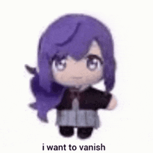 a stuffed doll with purple hair and the words `` i want to vanish '' is standing on a white background .