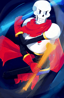 papyrus from undertale is holding a sword and a cape