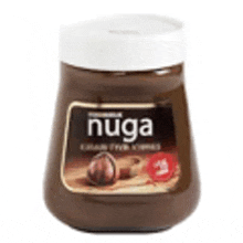 a jar of nuga chocolate spread with hazelnuts on a wooden table .