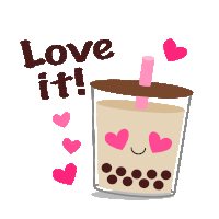 a cup of bubble tea with hearts and the words love it behind it