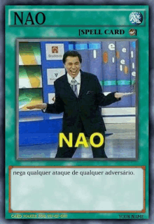 a card with a picture of a man in a suit and tie with the word nao on it