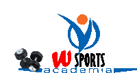 a logo for w sports academia with a dumbbell in the foreground