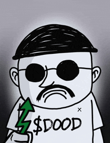 a man with a mustache is wearing a shirt that says $ dood on it