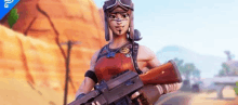 a woman is holding a gun in a video game while standing in the desert .