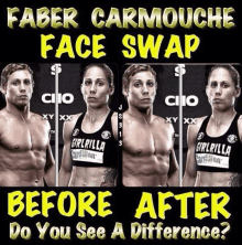 a picture of a man and a woman with the caption " faber carmouche face swap before and after do you see a difference "