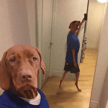 a brown dog with a man 's head is taking a selfie