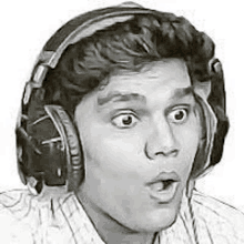 a black and white drawing of a young man wearing headphones .