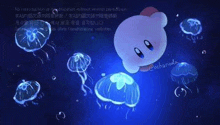 kirby is surrounded by glowing jellyfish in the water .