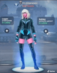 a woman is standing in a video game with the name logan and ashley