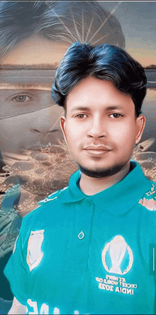 a man wearing a blue shirt that says ' india ' on the front