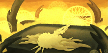 a painting of a crab with a yellow background and a hand holding it