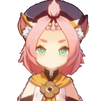 a girl with pink hair and cat ears is wearing a yellow scarf .