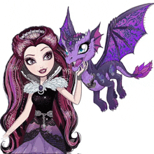 a cartoon girl holding a purple dragon with wings