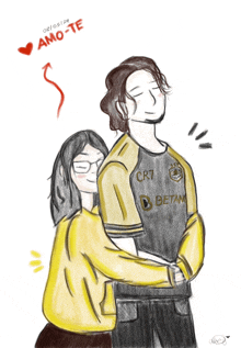 a drawing of a woman hugging a man whose shirt says cr7 betam