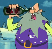 a cartoon character with a beard is drinking from a bottle with the word twitch on his shirt