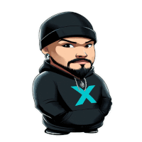 a cartoon of a man with a beard wearing a black hoodie with a blue x on it