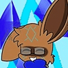 a cartoon rabbit wearing sunglasses and a blue bow tie is standing in front of a blue background .