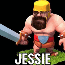 a man with a beard and glasses is holding a sword and says jessie