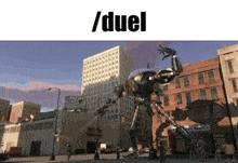 a robot is standing in front of a building with the words / duel above it