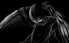 a black and white drawing of a demon with wings and glowing eyes in the dark .