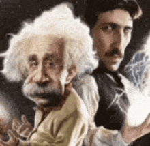 a cartoon of albert einstein and tesla holding lightning bolts .