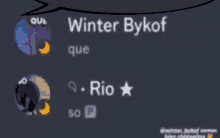 a speech bubble with winter bykof que and rio written on it