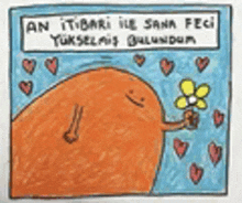 a cartoon of an orange monster holding a flower in his hand .