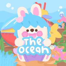 a cartoon illustration of a bunny holding a sign that says the ocean