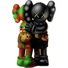 a couple of kaws figurines hugging each other .