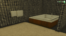 a computer generated image of a bathroom with a bathtub and two towels