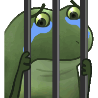 a green frog is crying behind bars and looking out