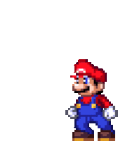 a pixel art of mario wearing overalls and a red hat .