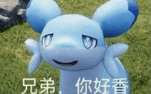 a blue pokemon with chinese writing on it is sitting on the grass .