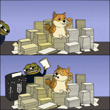 a cartoon of a dog sitting on a pile of paper