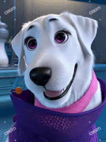 a white dog wearing a pink scarf and a purple jacket with creati written on the bottom right