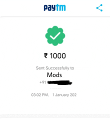 a screenshot of a payment that was sent successfully to mods .