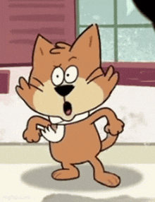 a cartoon cat is standing in front of a window and holding a piece of paper .