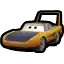 a yellow car with a black hood and a black roof is sitting on a white background .
