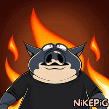 a cartoon of a pig wearing a black shirt with nikepig written on it