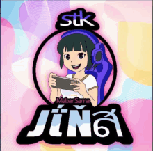 a girl with headphones is holding a cell phone in a logo for stk mabar sama jina