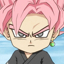 a close up of a cartoon character with pink hair